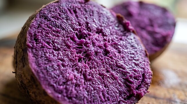 A peeled purple garlic clove sits cut on a wooden surface alongside another piece.
