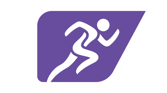Stylized white runner silhouette in motion on a purple background with dynamic lines and shapes