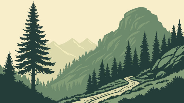  Evergreen Mountain Ridges Flat Vector Landscape 