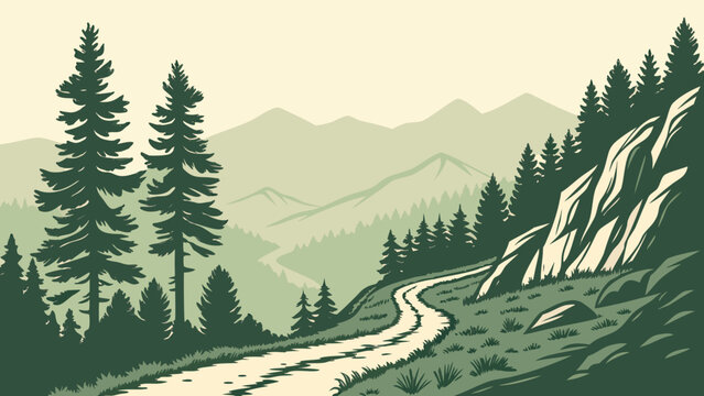  Evergreen Mountain Ridges Flat Vector Landscape 
