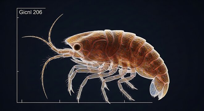 Macro photograph of a small marine amphipod crustacean on a dark background.