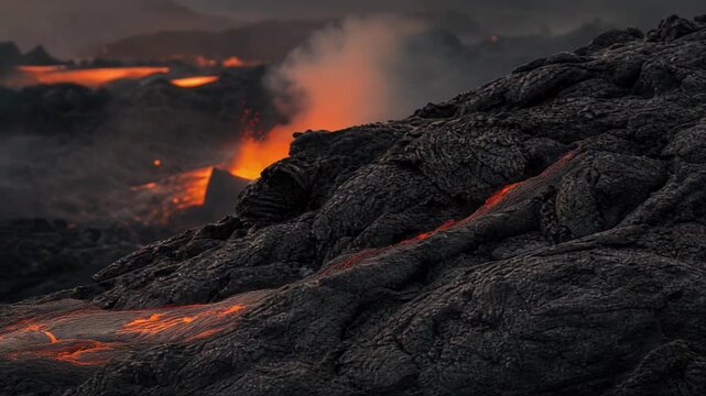 Close-up of cooled, solidified black lava rock with glowing molten lava in background