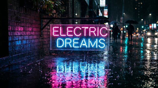 Neon sign reads Electric Dreams on a rainy city street at night