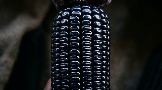 A close-up photo of a dark corn cob with shiny kernels