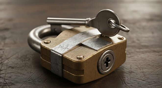Metal padlock with a key resting on a rustic wooden surface.
