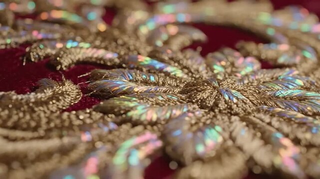 Shimmering Gold Embroidery Detail on Ornate Red Velvet Fabric