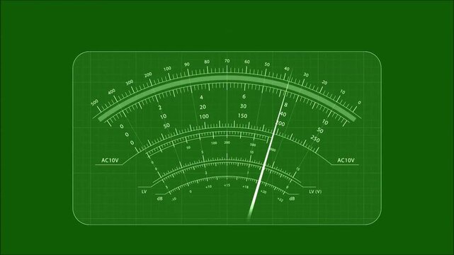 Vintage analog voltmeter HUD display with fluctuating measurement needle on chroma key green screen background. Audio VU meter or voltage gauge level loop animation.