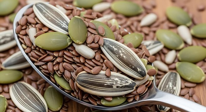 Metal spoon filled with a mix of healthy seeds and grains.
