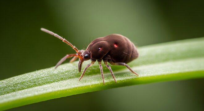 Macro photography of a small globular springtail insect on a green leaf.