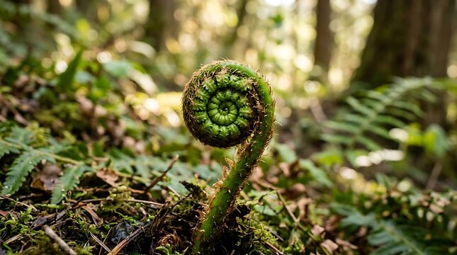 A close-up photograph of a fiddlehead fern curled up in a forest with lush greenery and moss on a sunny day.