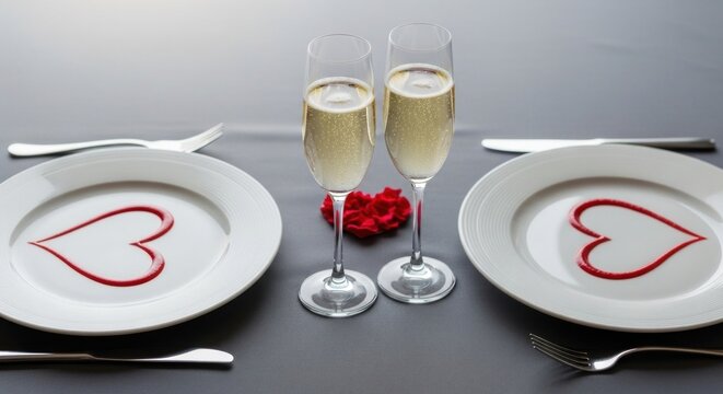 Romantic table setting with champagne and heart plates.