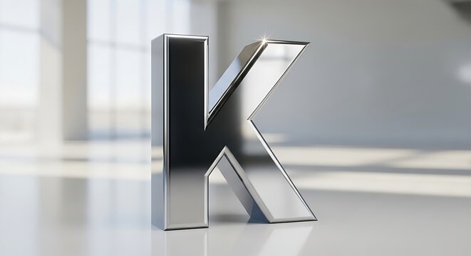 Metallic Letter K on Modern Surface in Bright Space.