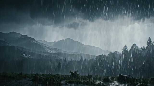 Dramatic Rainstorm Over Mountain Landscape with Heavy Rainfall and Dark Clouds.
