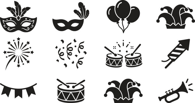 Set of black flat icons representing festive carnival party elements like masks fireworks drums confetti balloons and musical trumpet instruments