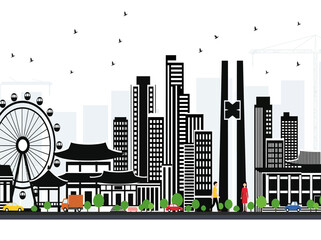 Fototapeta premium Modern City Skyline Vector Illustration with Skyscrapers, Ferris Wheel, and Traditional Architecture