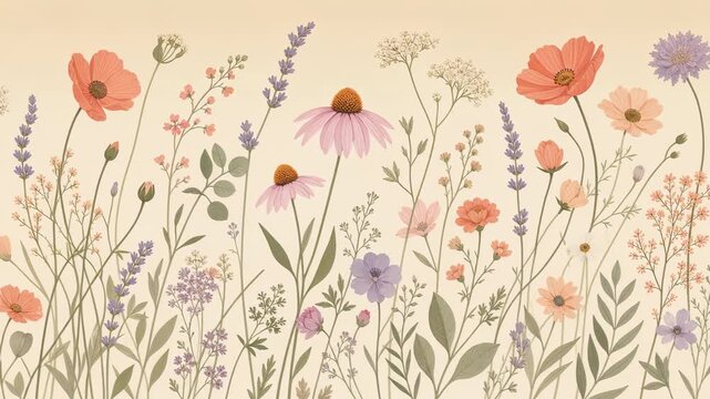 Delicate watercolor wildflowers in soft pastel tones on a light background
