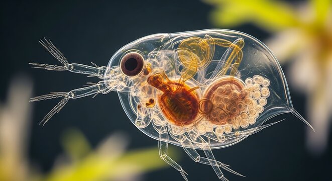 Microscopic view of a pregnant Daphnia water flea under a laboratory microscope.