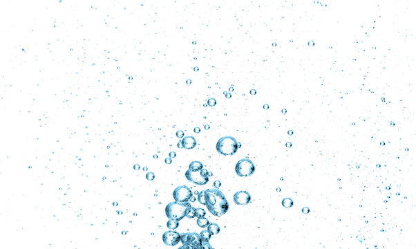Realistic water bubbles rising in clear liquid isolated on white background, ideal for beverage, skincare, cosmetic, science, oxygen, underwater, freshness, purity and overlay design.