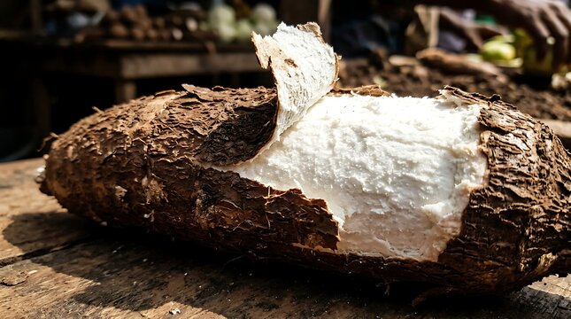 A partially peeled banana flower blossom lies on a wooden surface in a market.