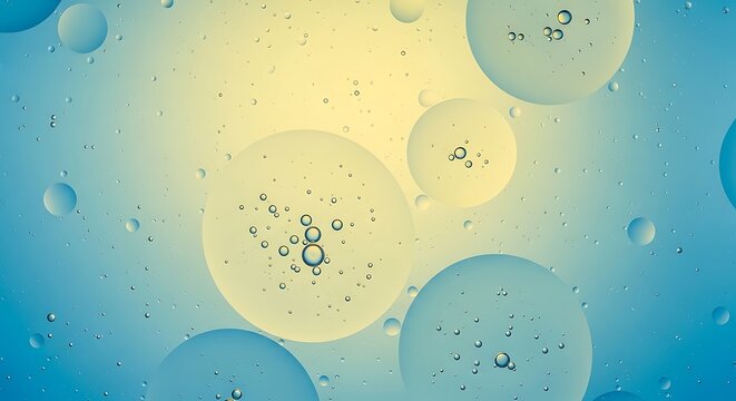 Microscopic View of Circular Bubbles with Particles in Blue and Yellow Liquid.
