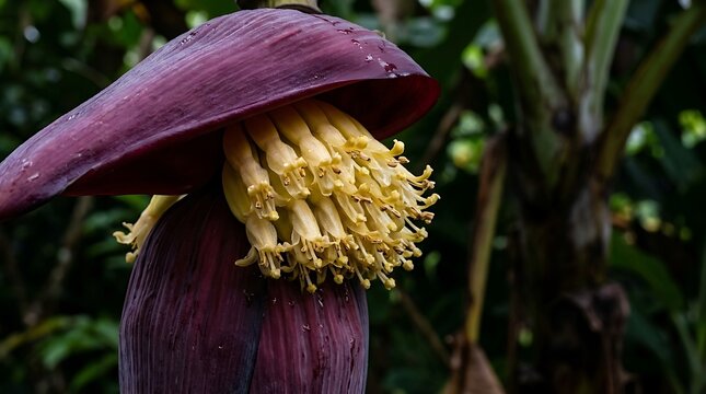 A close-up macro shot of a banana flower blossom in a lush tropical garden