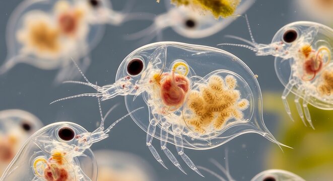 Microscopic view of Daphnia water fleas swimming in a pond sample.