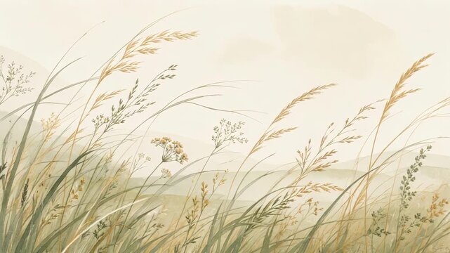 Delicate grasses and wildflowers swaying gently in a soft, neutral landscape