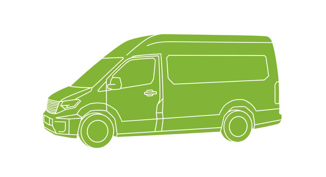 Green outline illustration of a commercial delivery van or passenger shuttle van on a white background.