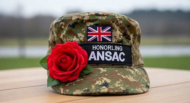 Military camouflage cap with red rose for Anzac Day remembrance.