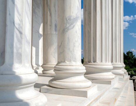 A close-up view of white marble columns with a blue sky background
