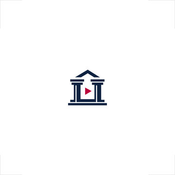 Professional legal video streaming deposition logo featuring court pillar house architecture combined with play button icon style, ideal for law firm media channels, courtroom broadcasting, and tutor