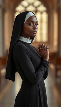 A solemn nun in a black habit prays with clasped hands inside a softly lit church featuring arched windows.