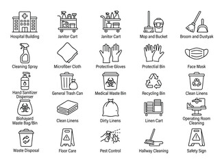 Fototapeta premium Medical facility maintenance and janitorial equipment icon collection