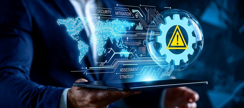Businessman using the tab and analyzing risk management data, business risk assessment, mitigation strategy, compliance planning, financial and operational control