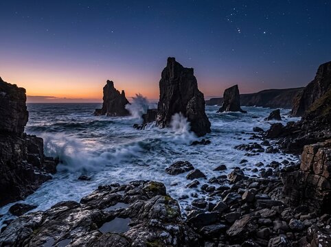 Dramatic coastal landscape with towering sea stacks at twilight, featuring crashing waves against rugged rocks under a starry sky in scotland