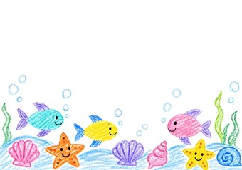 Fototapeta premium Crayon drawing of a cute ocean life border at the bottom.