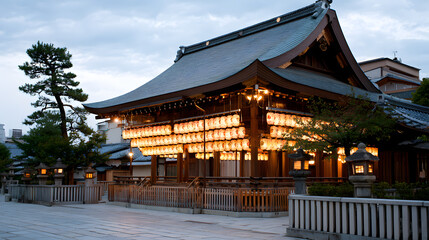 Obraz premium Glowing Lanterns Illuminate the Entrance of Yasaka Shrine at Dusk, Creating a Serene Atmosphere