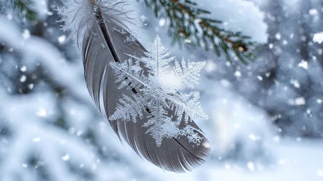 A delicate snowflake resting on a feather in a snowy forest.