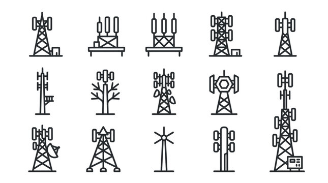Cell Tower Icons Vector Set Communication Technology Structures