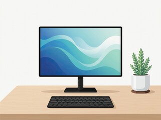 Fototapeta premium Modern minimalist workspace with computer monitor, keyboard, and potted plant on a wooden desk against a plain white wall background