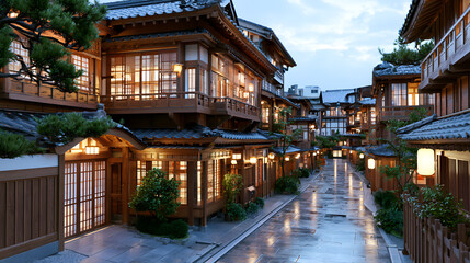 Obraz premium Old Wooden Teahouse District Illuminated Softly at Twilight in a Historic Asian Setting