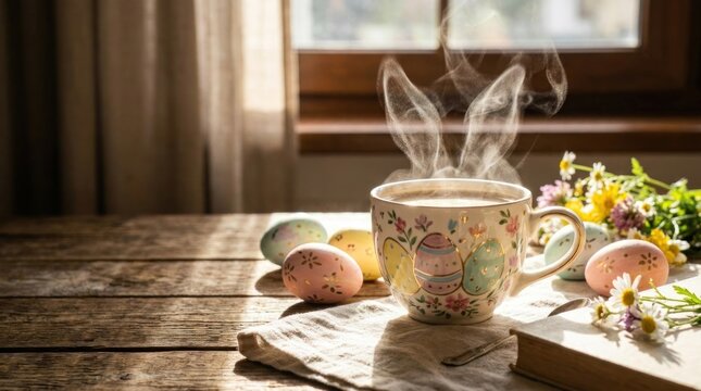 Steaming coffee mug and Easter eggs on wooden table.