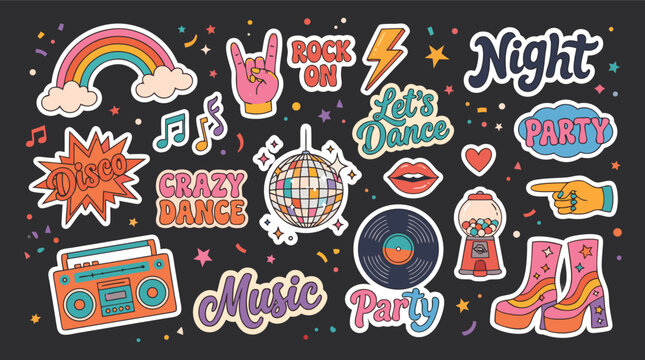 Collection of groovy retro party stickers including disco ball rainbow and musical notes
