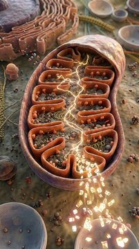 Mitochondrion, complex eukaryotic organelle, illustrating cellular respiration, showing intricate inner membrane folding, generating metabolic energy, producing chemical fuel molecule.