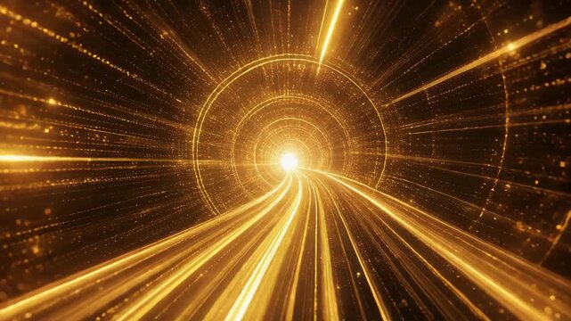 Glowing golden tunnel with light trails and circular digital patterns