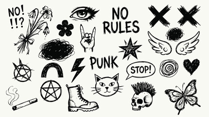 Obraz premium Collection of handdrawn sketch style illustrations representing punk rock culture and rebellion symbols