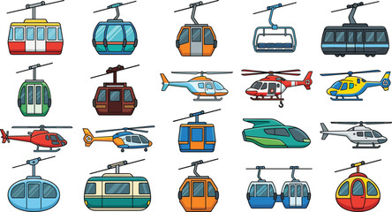 Cable transport collection vector, aerial tramway helicopter set, colorful illustration for tourism transportation travel designs © VectoBloom