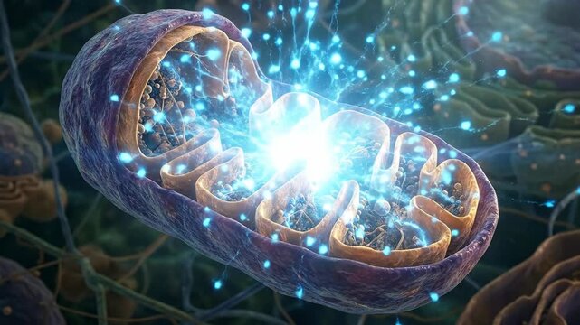 Mitochondrion, a crucial cell organelle generating vital energy through cellular respiration, displaying an internal electrical surge within its folded inner membrane structure.