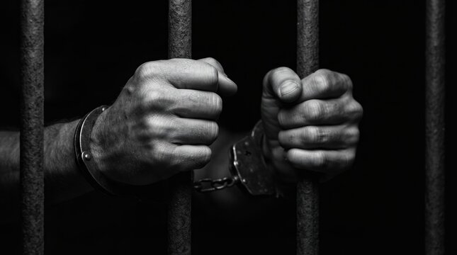 Hands in handcuffs hold iron bars of a prison against a black background.