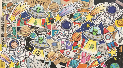 A collage of colorful handdrawn stickers featuring astronauts aliens in UFOs planets rockets and stars over a background of comic book snippets © Fauzan Adzima